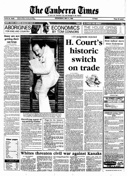 The front page of The Canberra Times on May 4, 1988.