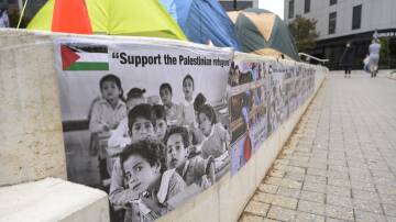 ANU students have set up an encampment in solidarity with Palestinians. Picture by Keegan Carroll