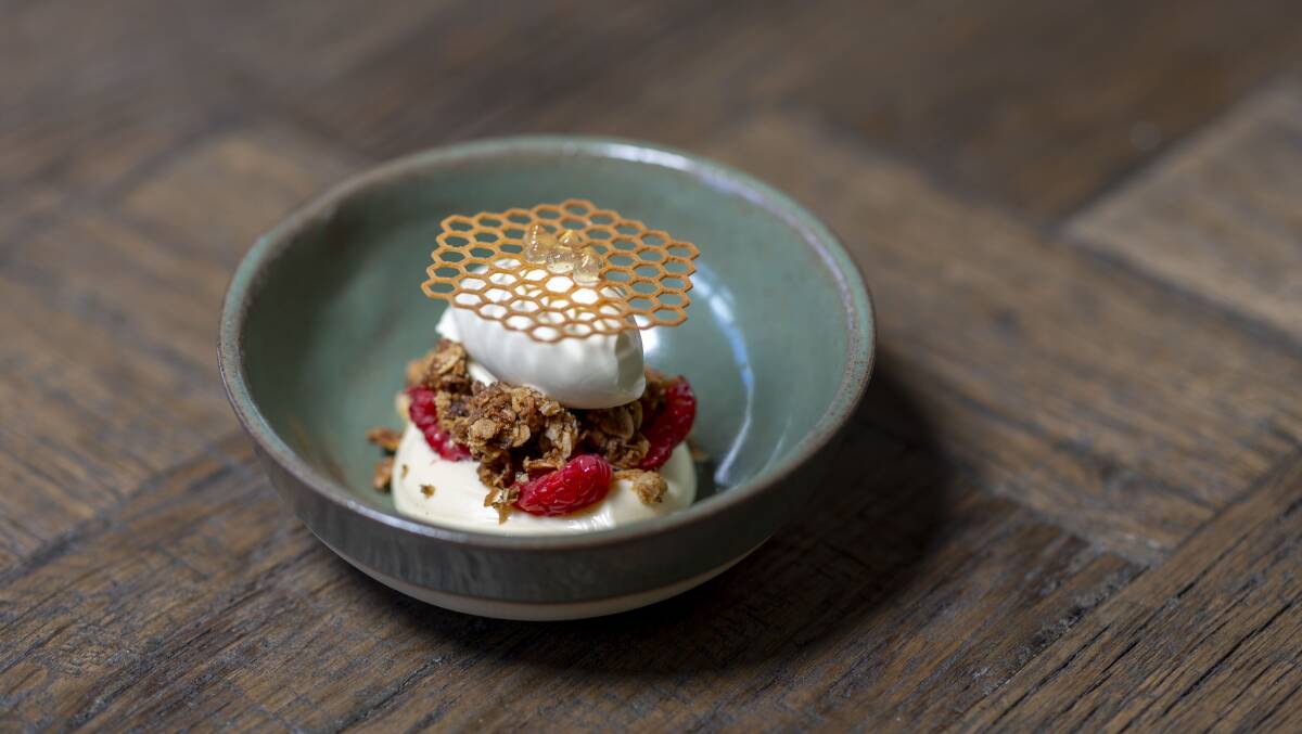 Anzac biscuit cheesecake, Pialligo honey, whiskey, local raspberry. Picture by Gary Ramage 