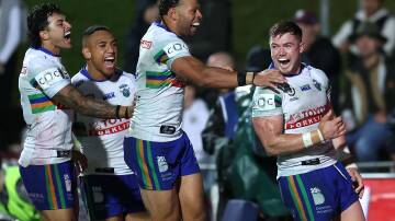 Hudson Young celebrates his game-winning try. Picture Getty Images