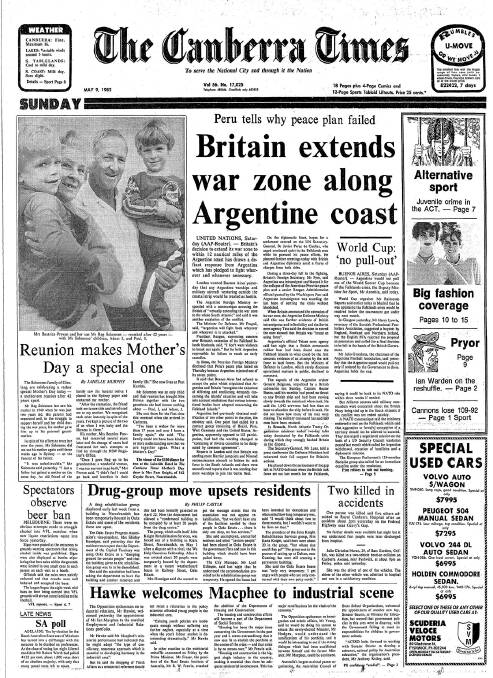 The front page of The Canberra Times on May 9, 1982.