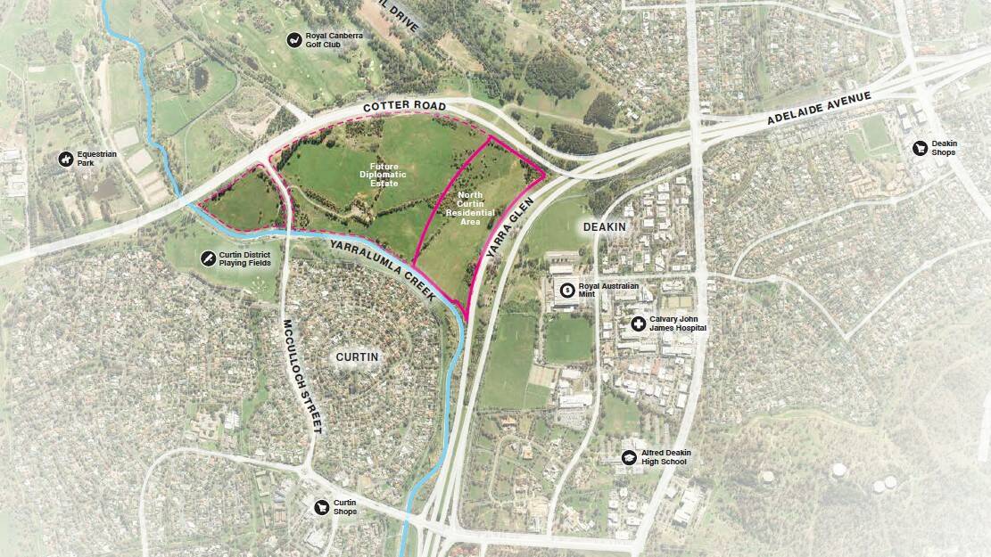 The residential development area, highlighted in a pink box, at the North Curtin horse paddocks. Picture ACT government