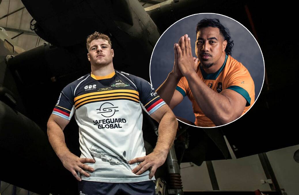 Harry Vella will start for the Brumbies against the Waratahs, who have been bolstered by Pone Fa'amausili. Pictures by Karleen Minney (main)/Getty Images (inset)