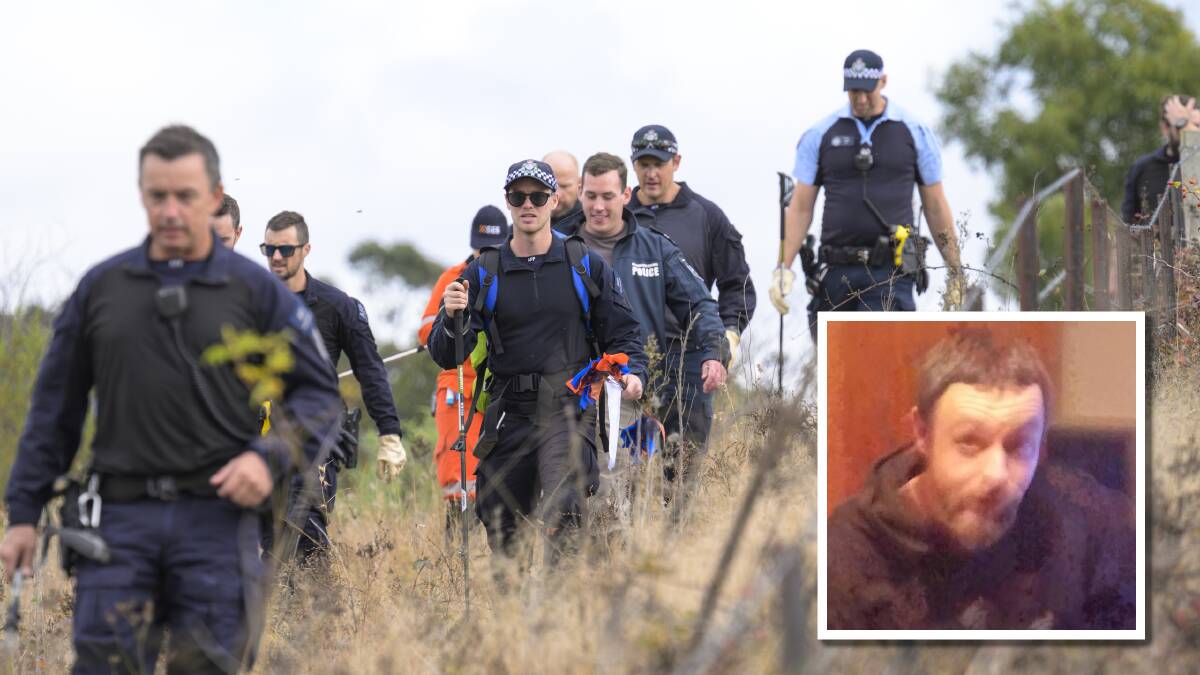 Police, with help from the ACT SES, search Point Hunt Crossing for clues after human remains, believed to be Tim Lyons, inset, were found. Pictures by Keegan Carroll, supplied