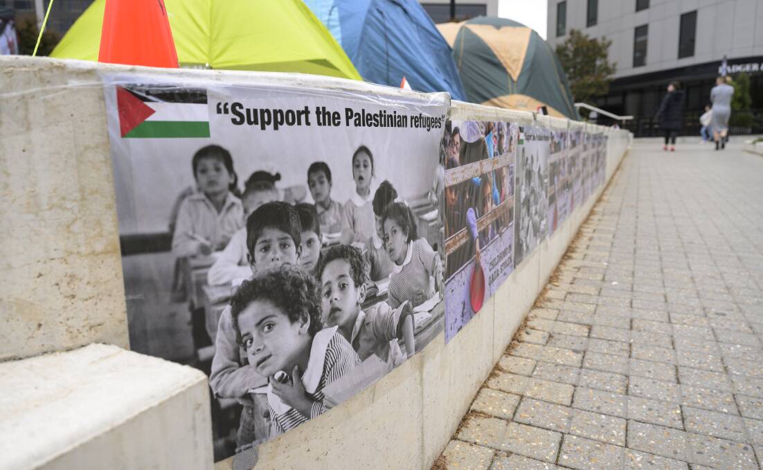 ANU students have set up a protest camp on campus to show solidarity with Hamas and the people of Gaza. Picture by Keegan Carroll