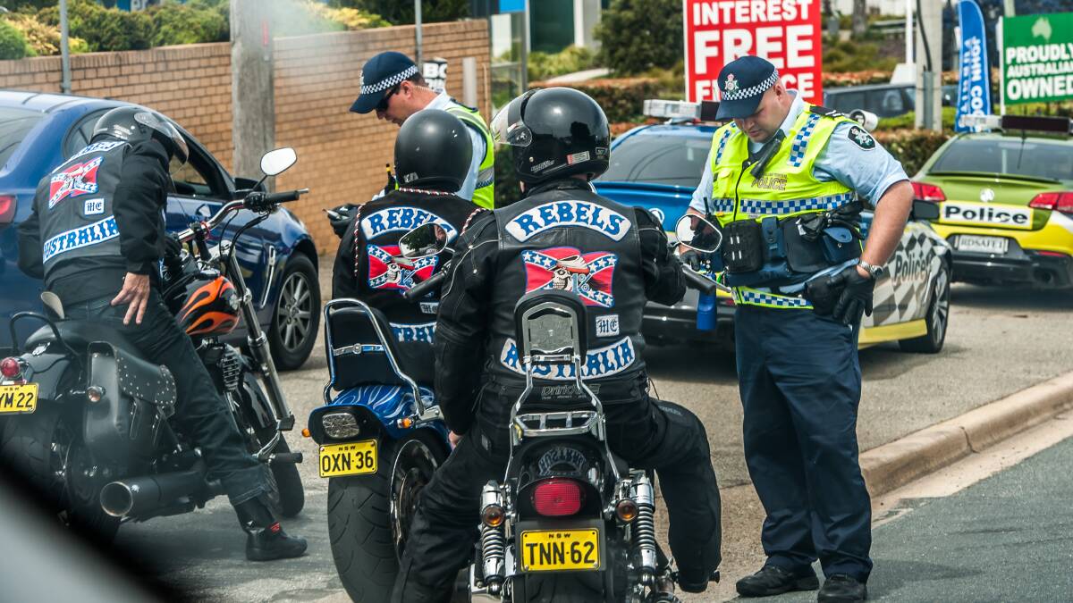 Rebels bikies stopped by police in Fyshwick in 2021. Picture by Karleen Minney