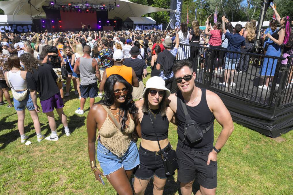 Vee Wijewickrema, Tasman Huria and Brenton King attend Juicy Fest 2024 at Canberra's Stage 88. Picture by Keegan Carroll
