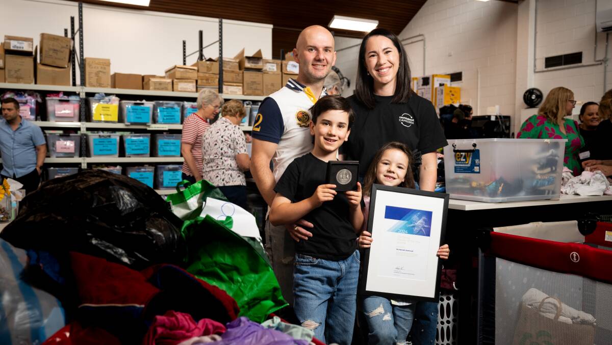 Roundabout Canberra founder and chief executive Hannah Andrevski has been named 2024 Canberra Citizen of the Year. Pictured with family, Dejan, Rafael, 9, and Sara, 6. Picture by Elesa Kurtz