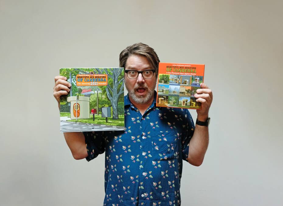 Trevor Dickinson with his 2021 bus shelter calendars. Picture: supplied