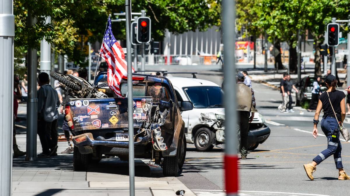Hollywood films a car chase in Canberra's CBD for Liam Neeson movie Blacklight. Picture: Karleen Minney
