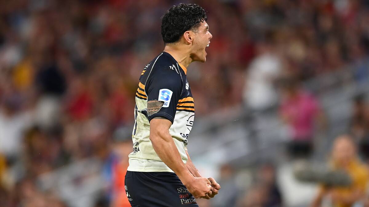 ACT Brumbies flyhalf Noah Lolesio celebrates Saturday's win. Picture Getty Images