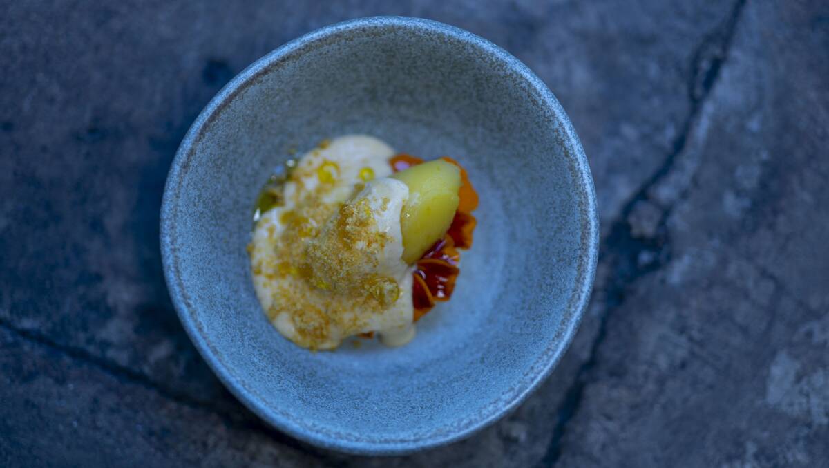 Whole Mandarin sorbet, fermented pumpkin curd, cardamom mousse, amaretto caramel. Picture by Gary Ramage 