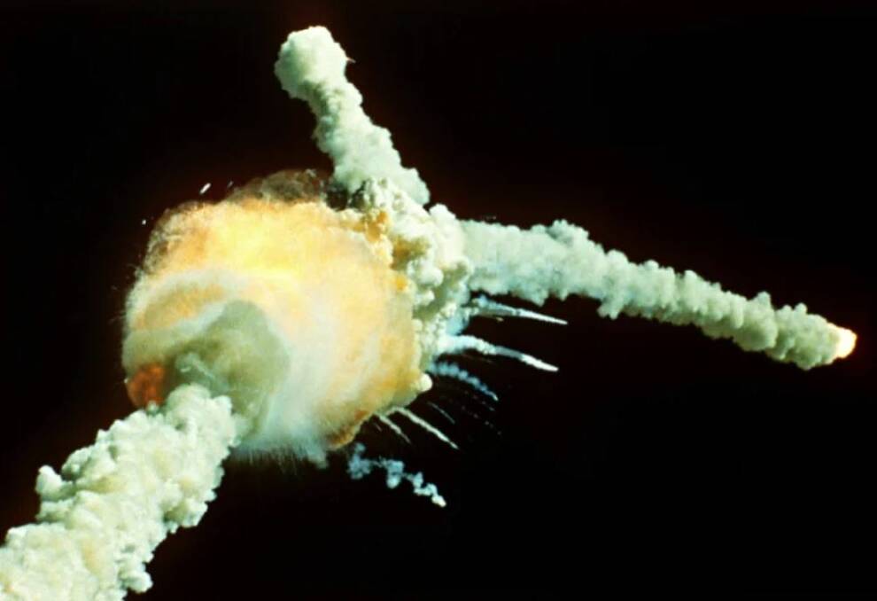 The space shuttle Challenger explodes shortly after lifting off from the Kennedy Space Centre on January 28, 1986. All seven crew members died. Picture: AP