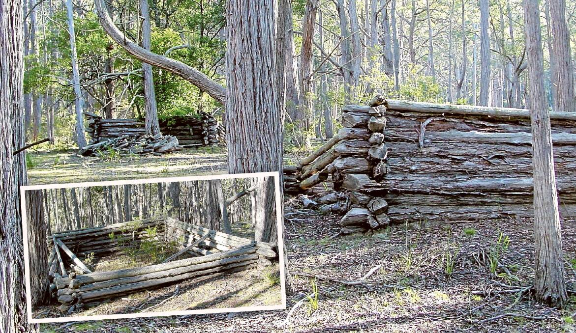 Wooden forts built during World War II on Big Jack Mountain photographed in 2007, above. At right, all that remains of the corner of one of the wooden forts. Pictures Dave Goodyer, Noel Browning, Tim the Yowie Man