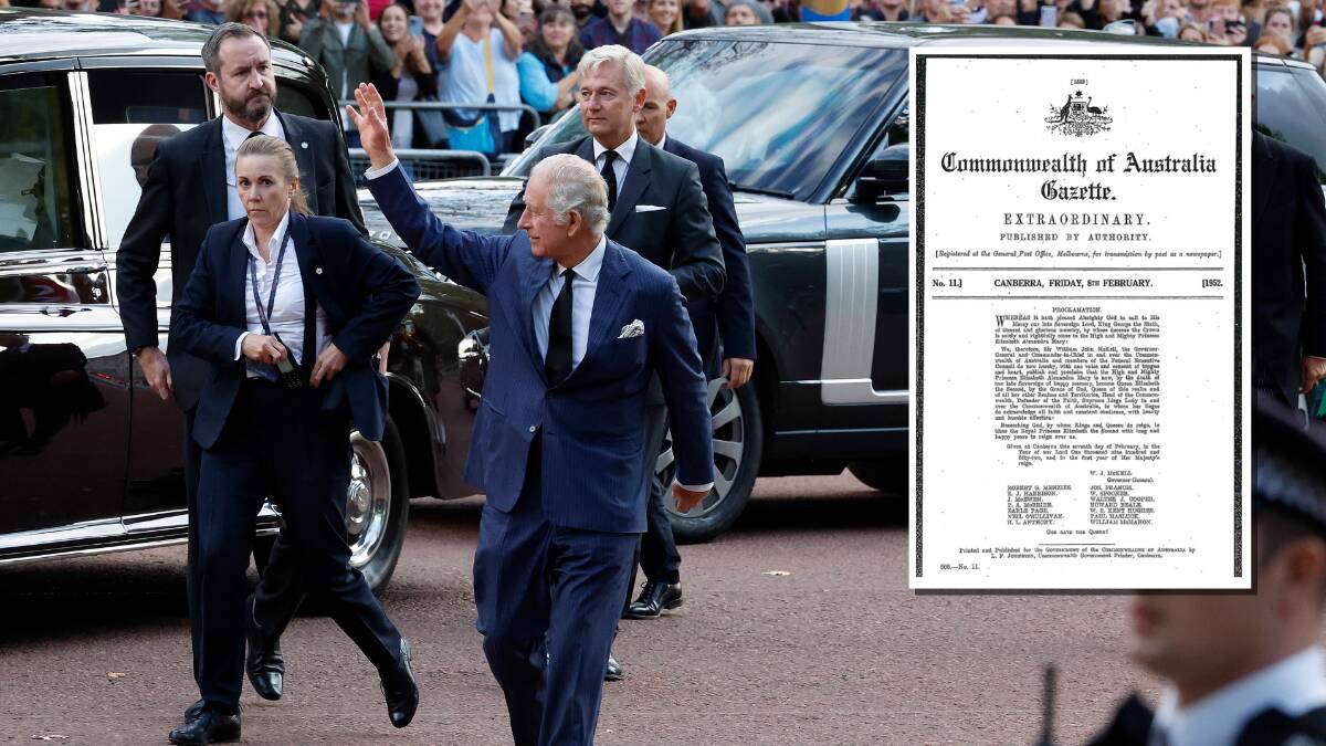 King Charles III has been proclaimed Australia's head of state. Inset: The last time a proclamation was made in 1952. Pictures Getty Images, supplied