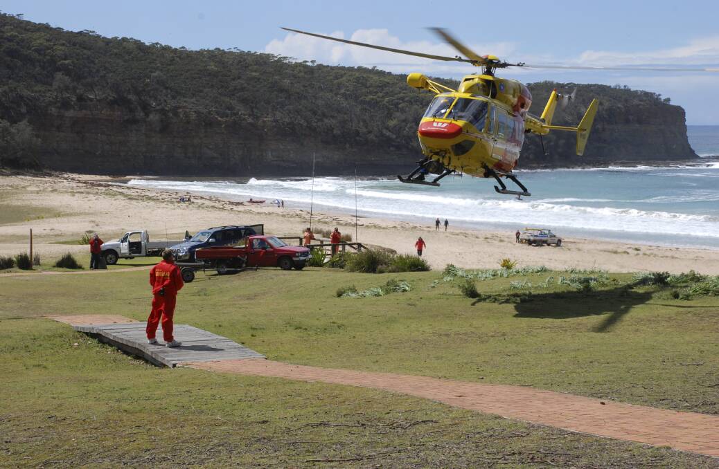 The Westpac rescue helicopter at Pebbly Beach. Picture by Sam Groves