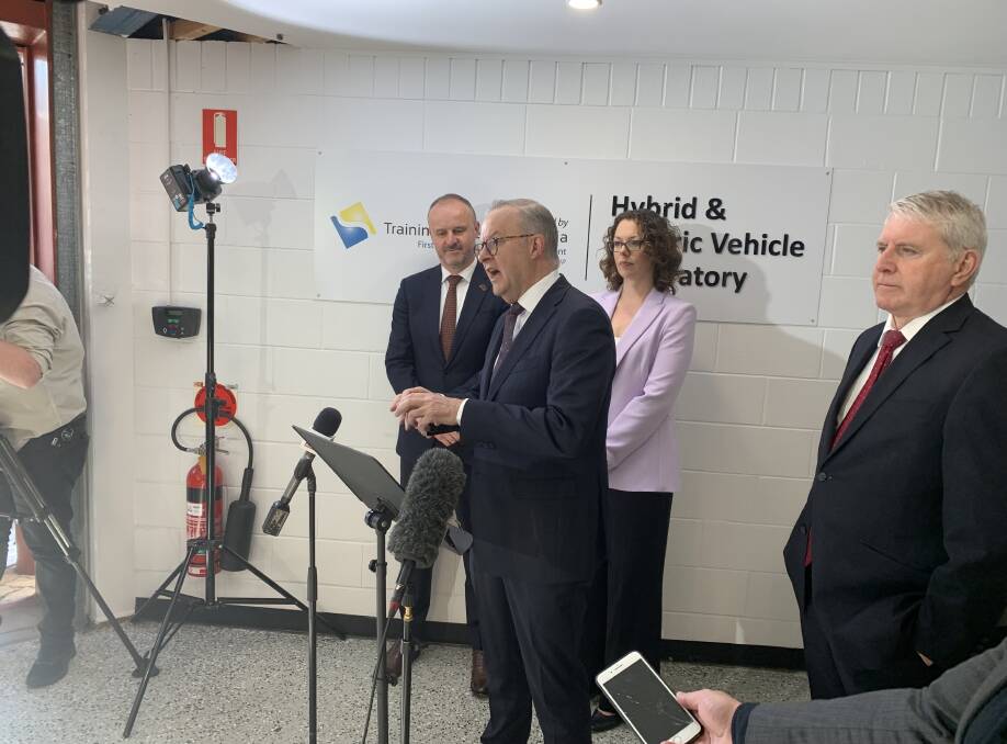 Prime Minister Anthony Albanese at the CIT EV workshop announcing a huge funding boost for vocational training on Tuesday. Picture by Peter Brewer
