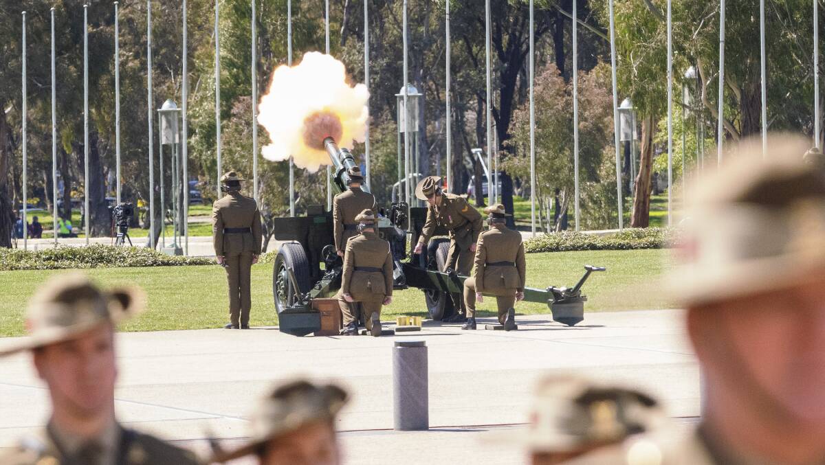 A 21-gun salute during the Proclamation of Accession ceremony at Parliament House. Picture by Keegan Carroll