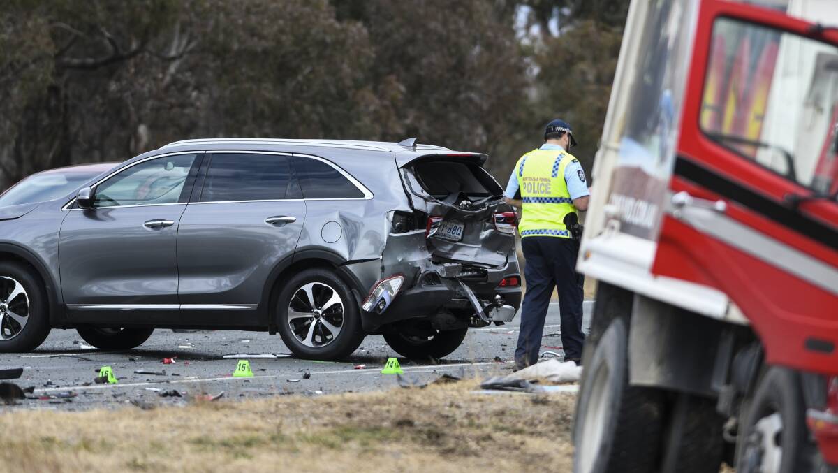 A serious car crash on the Monaro Highway in Hume in 2018. The road was named Canberra's worst for car crashes in 2018-19. Picture: Dion Georgopoulos