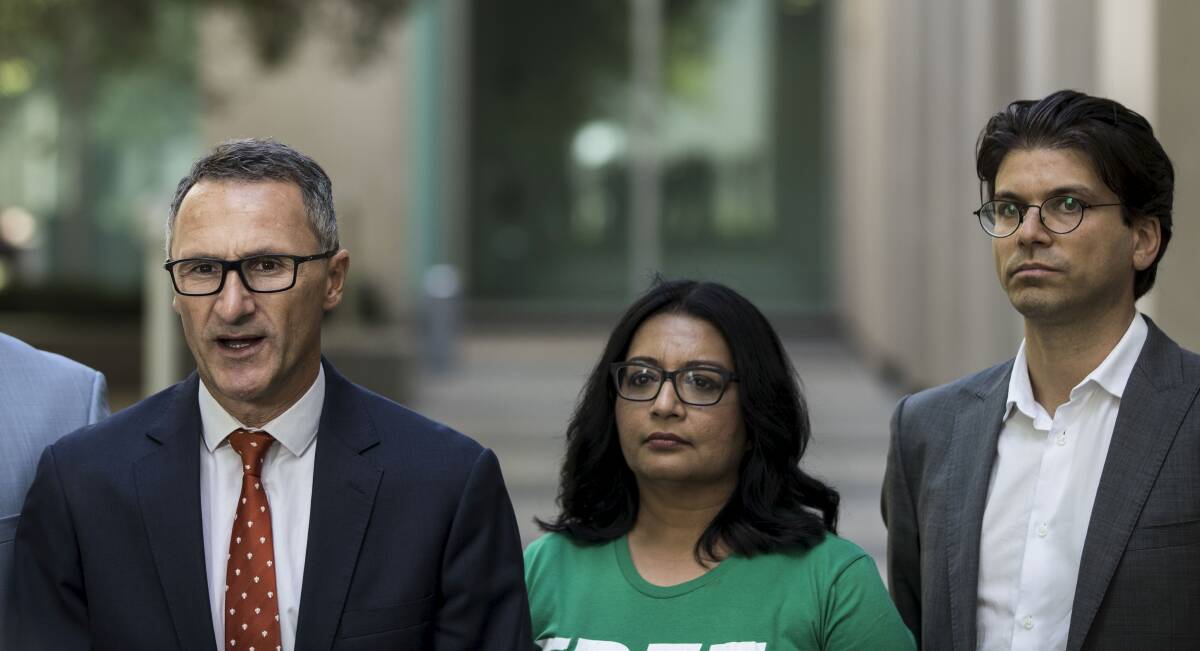 From left: Greens Senators Richard Di Natale, Mehreen Faruqi and Greens Candidate for Canberra Tim Hollo. Photo: Dominic Lorrimer