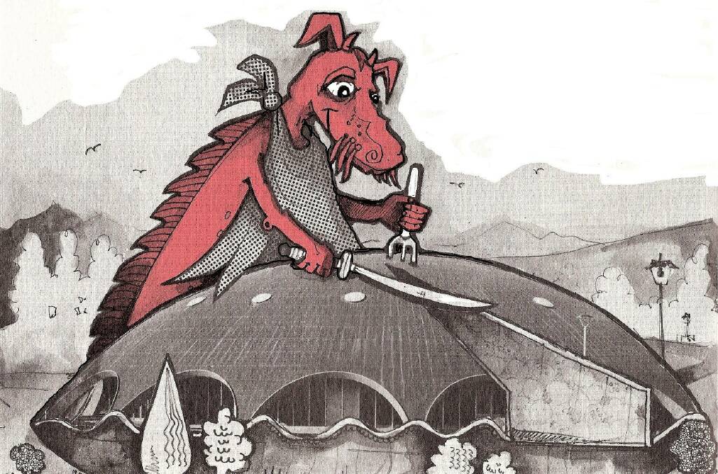 Alexander the bunyip feasts on a piece of 'apple pie' from the Shine Dome in Michael Salmon's 1972 classic children's book, The Bunyip that Ate Canberra. Photo: Michael Salmon
