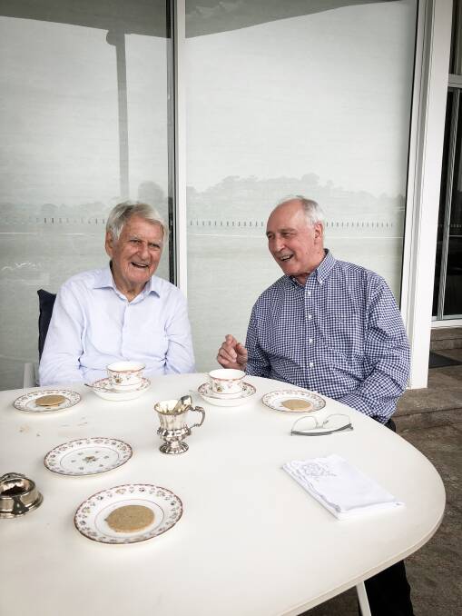 Former prime ministers Bob Hawke and Paul Keating on the patio at the Hawke residence in Sydney. Picture: Craig Emerson
