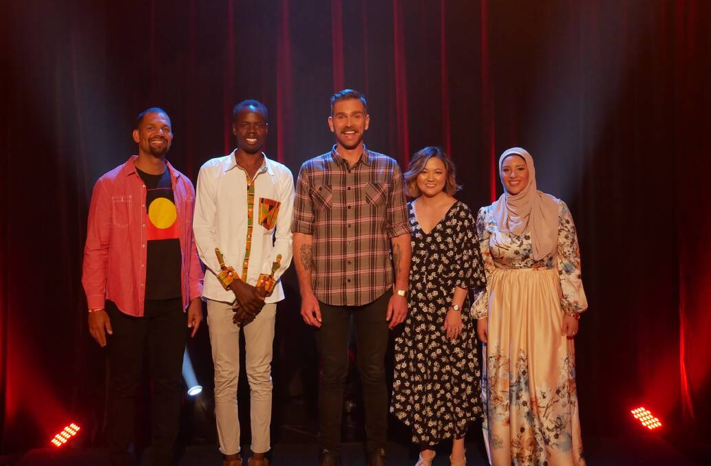 Taboo host Harley Breen (centre) with Canberra's Jessica Irving (second from right) and Aaron Nagas, Yong Deng and Sarah Gadalla. Picture: Supplied