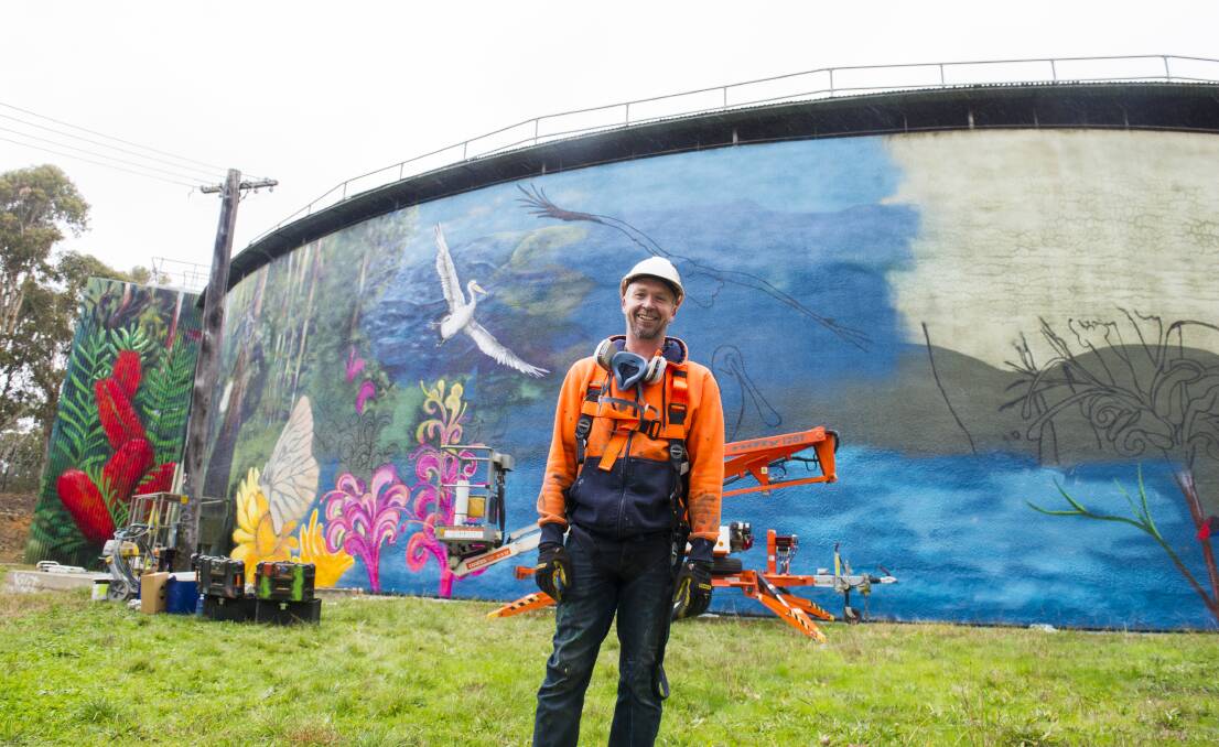 Artist Geoff Filmer with the partly-finished mural. Picture: Dion Georgopoulos