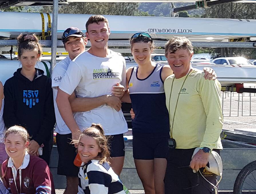 Rowing coach Nick Garratt, right, with ACT Academy of Sport squad members. Picture: Supplied