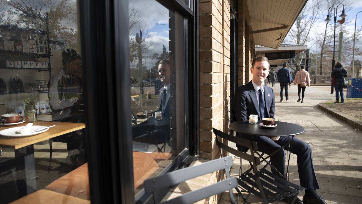 ACT Transport Minister Chris Steel speaks to The Canberra Times about stage two of the light rail at his favourite café in Curtin. Picture: Sitthixay Ditthavong