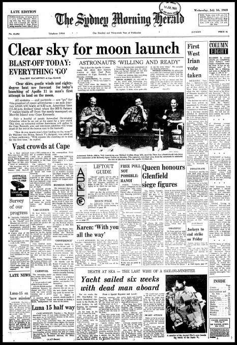 Front page of the Sydney Morning Herald, July 16, 1969. 