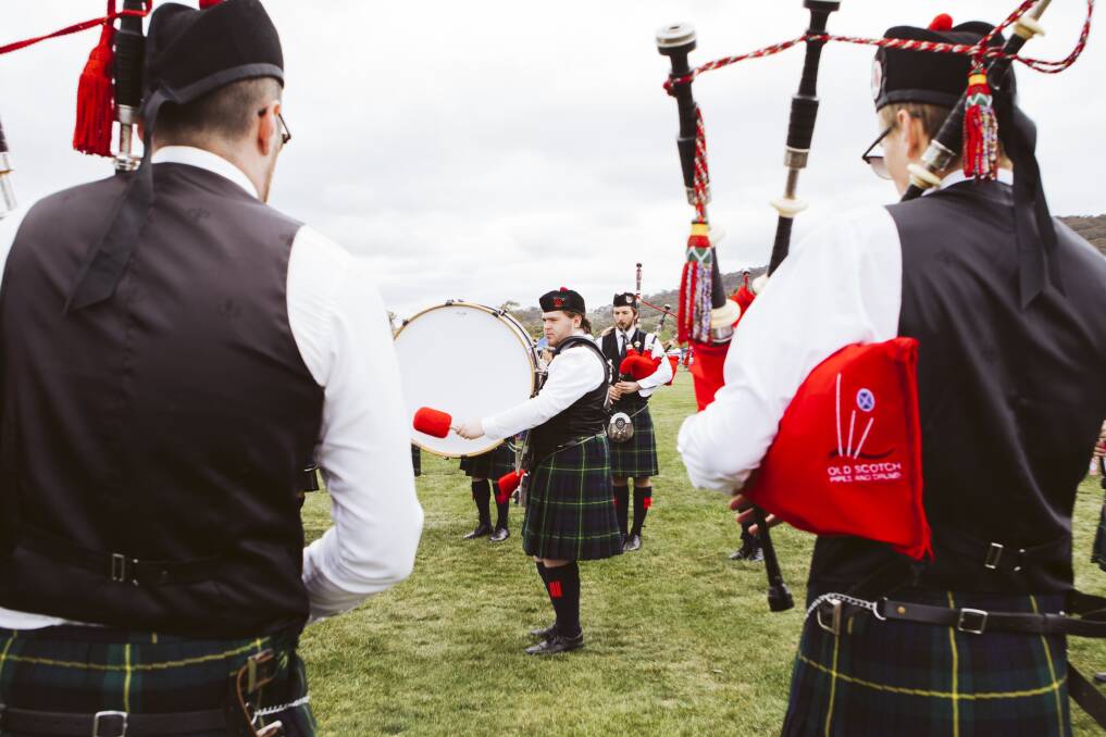 The Old Scotch Pipes and Drums are a group of mainly former students of the Scotch college at Melbourne. Picture: Jamila Toderas