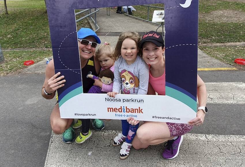 Michael and Kat Sliwinski with their daughters Elle (2) and Eve (4). The family is travelling from Canberra to the coast, doing Parkruns along the way. Picture: Supplied