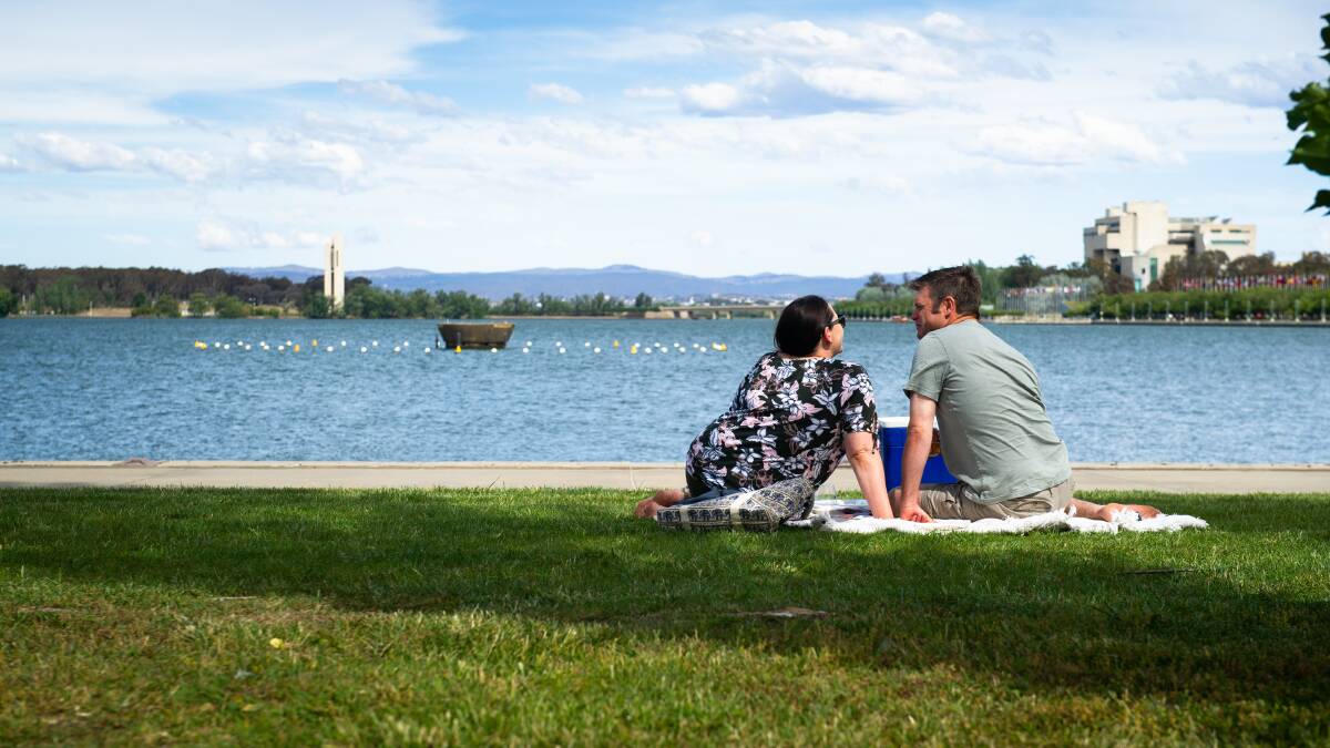 Nicole and Russell Eastcott of North Nowra enjoy a picnic on Lake Burley Griffin.
Picture: Elesa Kurtz