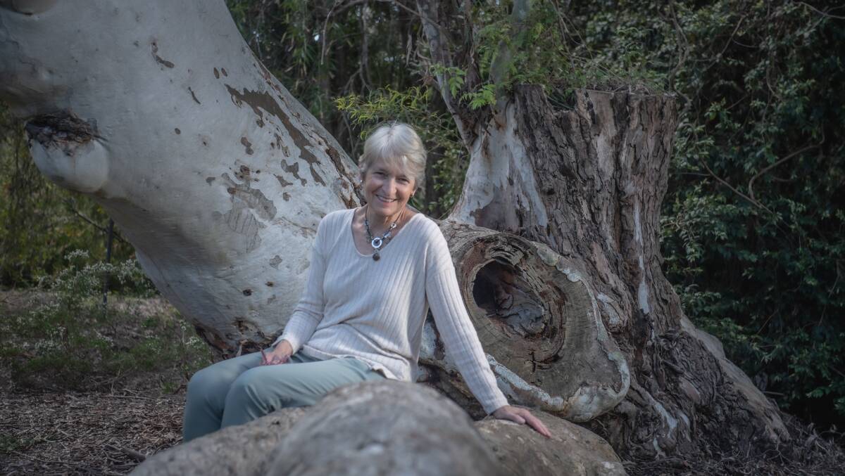 Australian National Botanic Gardens director Judy West, on the twisted eucalypt known affectionately as "Pryor's tree". Picture: Karleen Minney