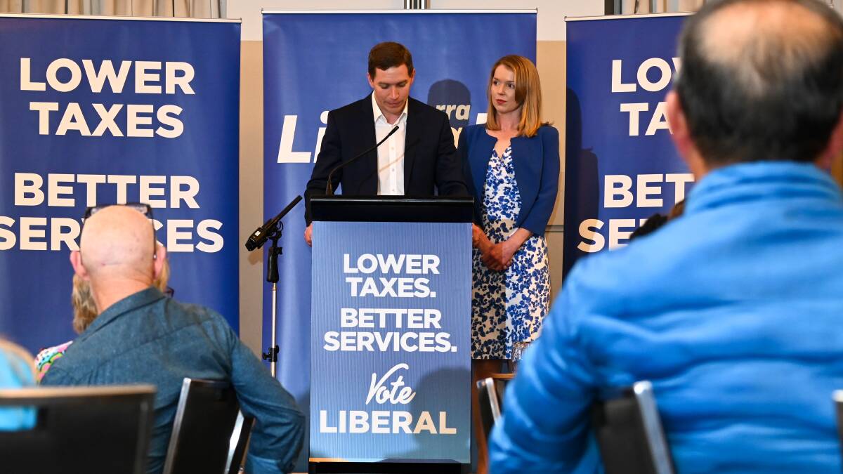 Alistair Coe and wife Yasmin speaking to the party faithful after Saturday night's defeat. Picture: Elesa Kurtz