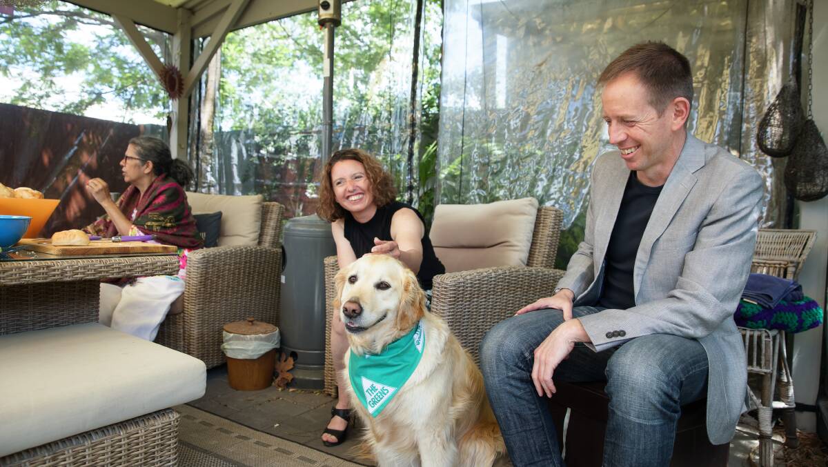 ACT Greens' Rebecca Vassarotti and Shane Rattenbury enjoy an afternoon with Priscilla the golden retriever and supporters the day after the election. Picture: Sitthixay Ditthavong