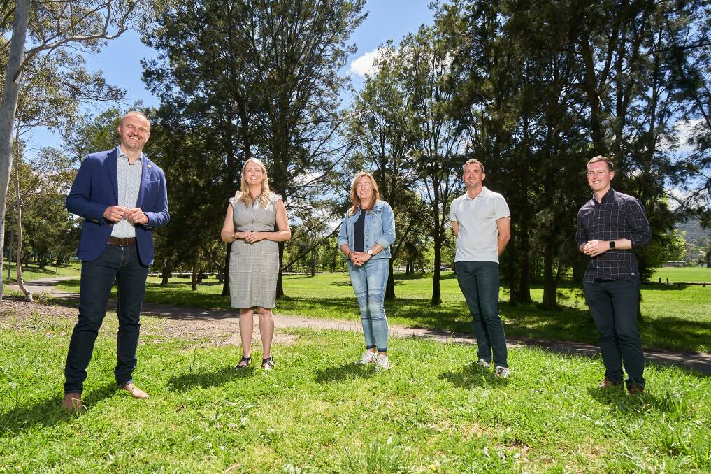 Chief Minister Andrew Barr with Marisa Paterson, Yvette Berry, Taimus Werner-Gibbings, and Chris Steel at Labor's post election press conference at Kambah Adventure Park on Sunday Picture: Matt Loxton