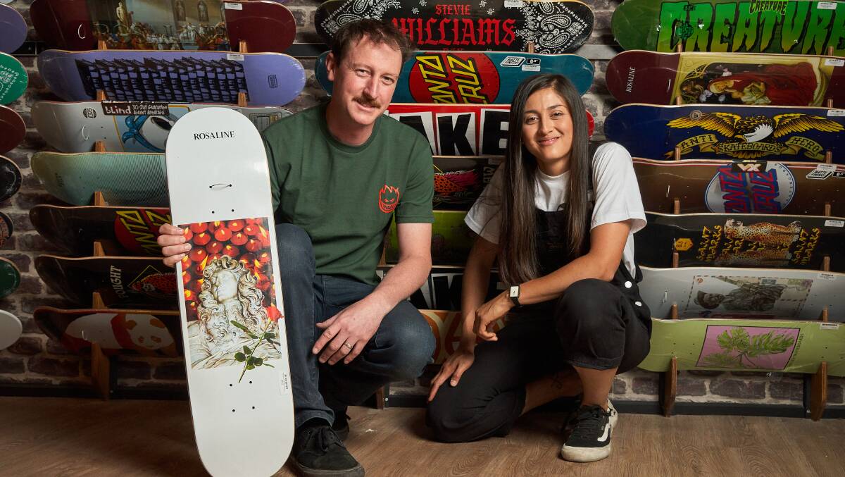 Dave and Irene Donoghoe in their new Trilogy Skateboards store in Braddon. Picture: Matt Loxton