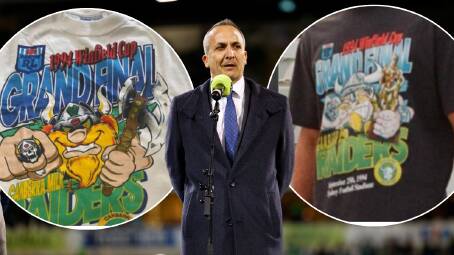 NRL boss Andrew Abdo is aware of the clash between the original 1994 premiership shirt, left, and the new retro one, right.
