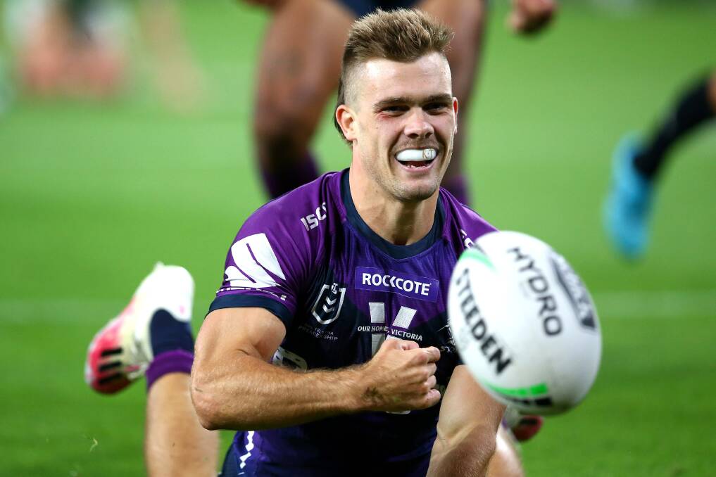 Storm fullback Ryan Papenhuyzen celebrates a try in their ferocious opening. Picture: Getty Images
