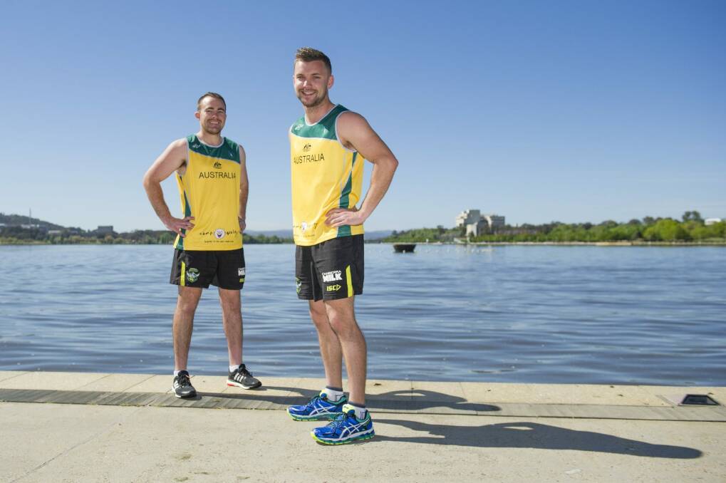 Gungahlin Bulls rugby league players (from left) Kai Sklaner and Steve Boardman are running the New York Marathon to raise money for Camp Quality. Photo: Jay Cronan