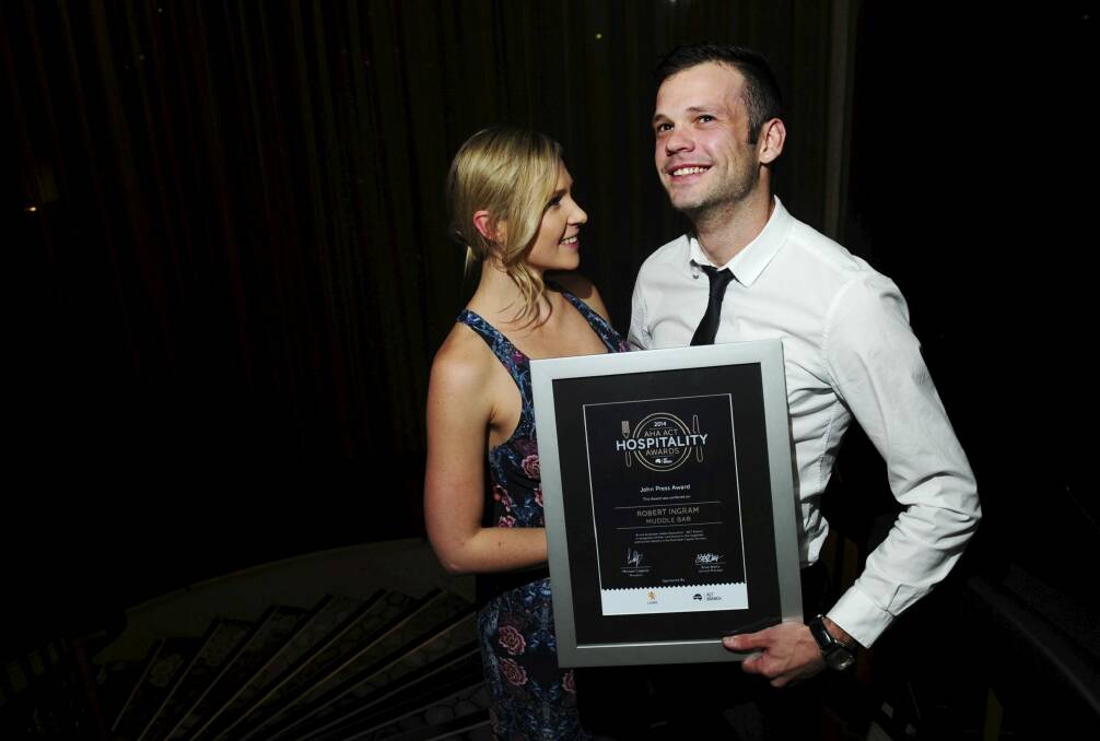 The John Press Award for the most outstanding industry leader in the licensed bar scene went to Robert Ingram, pictured with partner partner Melissa Munro, of Muddle Bar in Civic. Photo: Melissa Adams