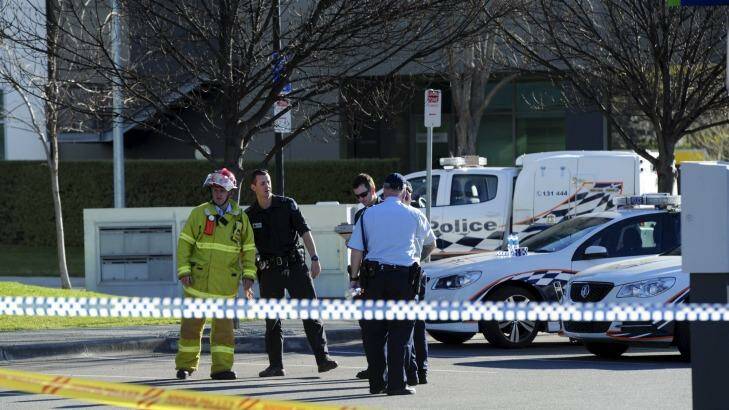 Emergency Services personnel attend an incident at Brindabella Business Park. Photo: Graham Tidy
