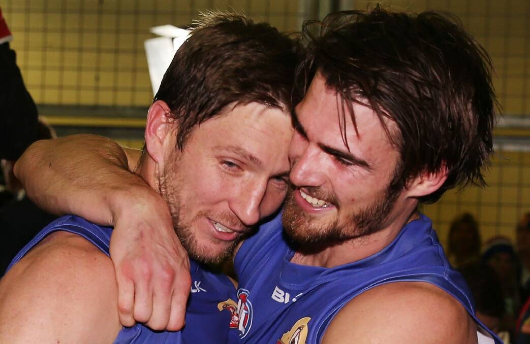 Bulldogs Matthew Boyd (left) and Easton Wood celebrate their win over St Kilda. Photo: Getty Images