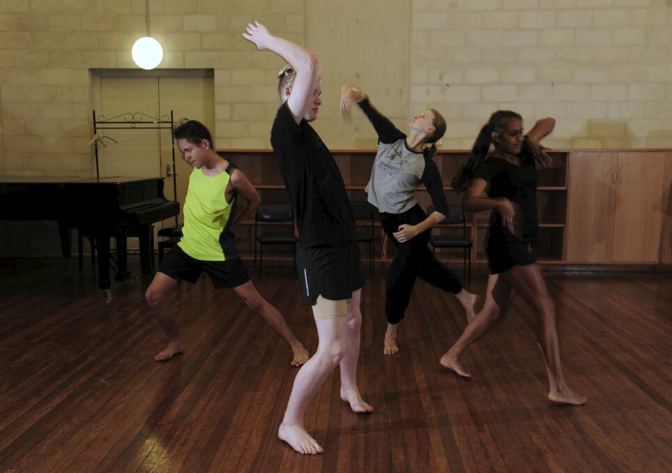 Australian Talented Youth Project at the ANU School of Music. A dance class in progress, from left, Jonah Johnston, 15, of Cairns, Zeke Guest, 19, of Launceston, Ursula Taylor, 17, of Yarralumla and Kaelee Hamlett, 16, of Perth. Photo: Graham Tidy