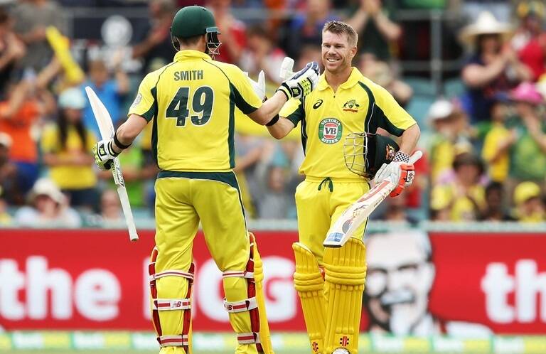 David Warner celebrates his 10th ODI century at Manuka Oval Photo: Cricket Australia