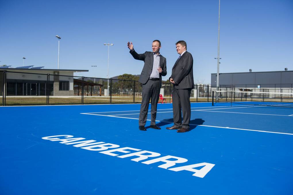 ACT Chief Minister Andrew Barr and Tennis ACT chief executive Ross Triffitt at the redeveloped Canberra Tennis Centre in Lyneham. 
 Photo: Rohan Thomson