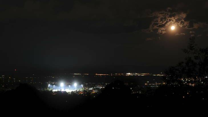 Lit up ... Manuka Oval on Wednesday, as seen from Red Hill Lookout. Photo: Graham Tidy
