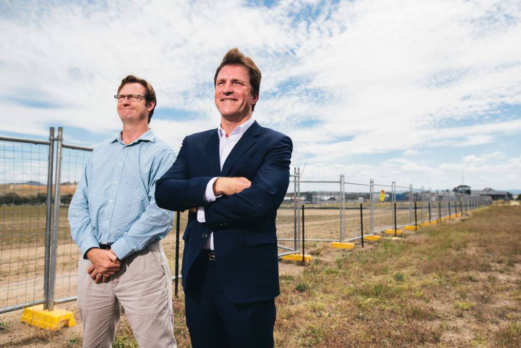 Foy Group technical director Bevan Dooley and managing director Stuart Clark at the site of the proposed plastics-to-fuel factory in Hume. Photo: Rohan Thomson